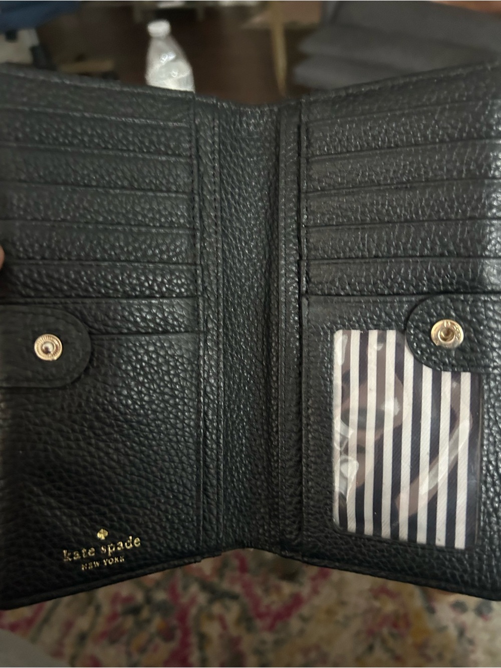 kate spade Black Pebbled Leather Compact Bifold Wallet with ID Window